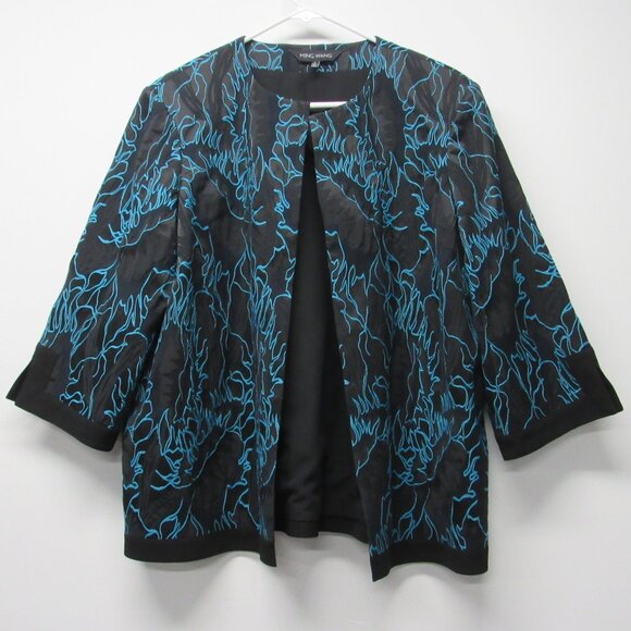 Ming Wang Black Blue Embroidered Embossed Flames Art to Wear Open Jacket sz L - Picture 1 of 4